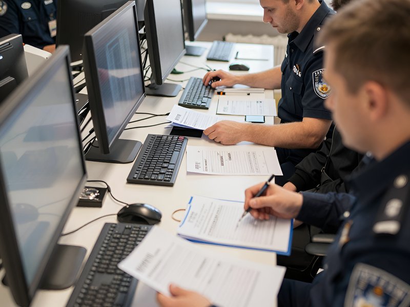 Сотрудники УВД Калуги работают с документами при оформлении заявлений в полицию Калужской области